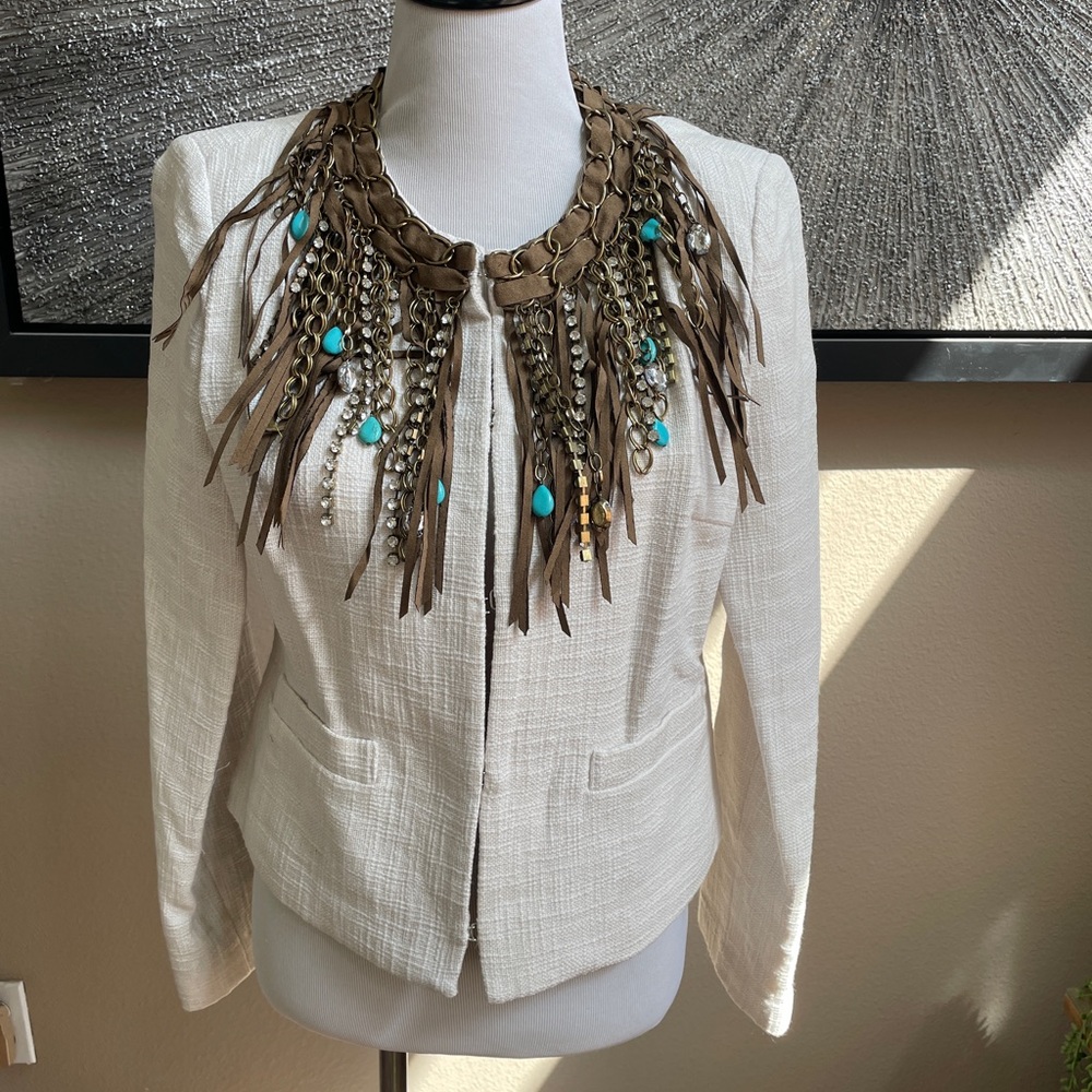 Boston Proper Cream Boucle Blazer with Suede Fringe